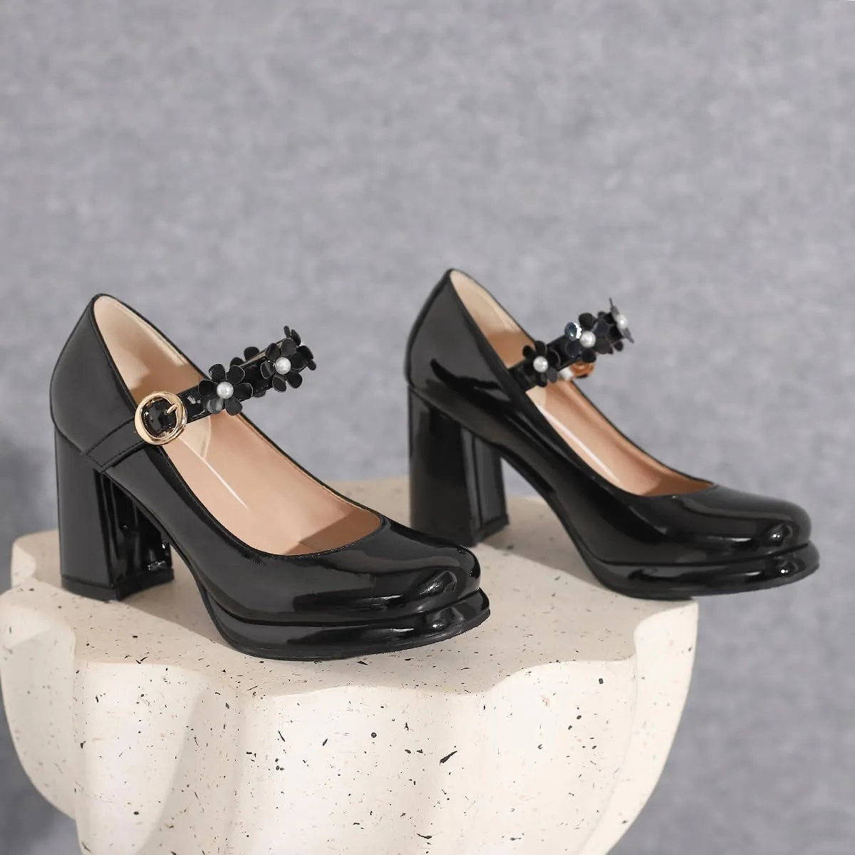 Bowtie Mixed Colors Chunky High Heels Closed Round Toe Mary Jane Pumps