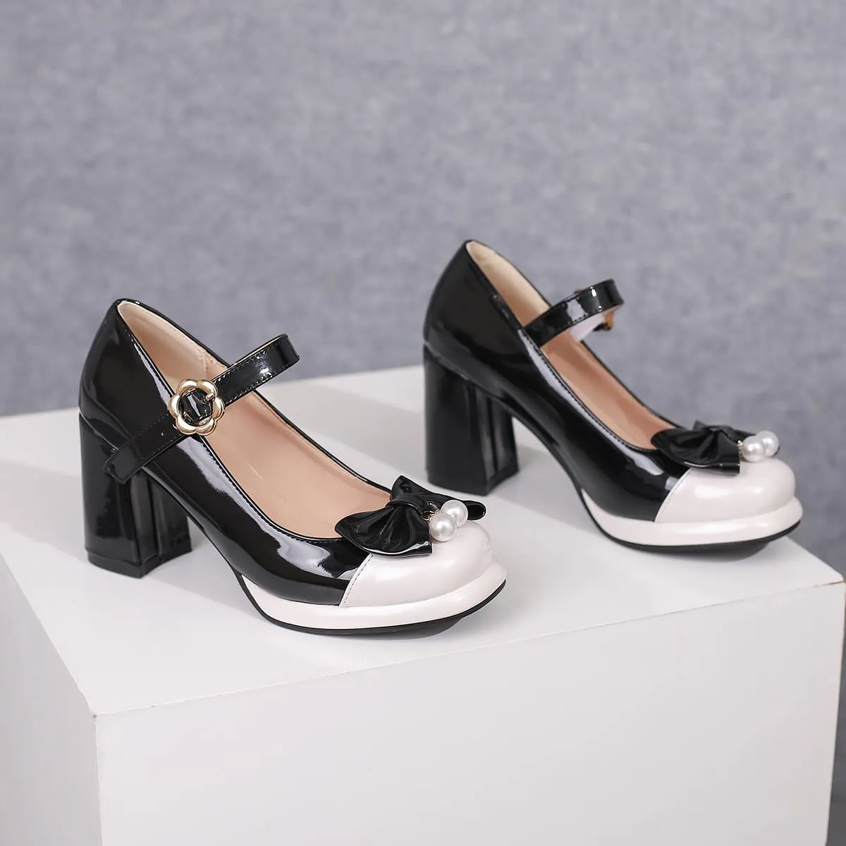 Bowtie Mixed Colors Chunky High Heels Closed Round Toe Mary Jane Pumps