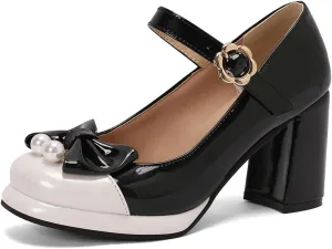 Bowtie Mixed Colors Chunky High Heels Closed Round Toe Mary Jane Pumps