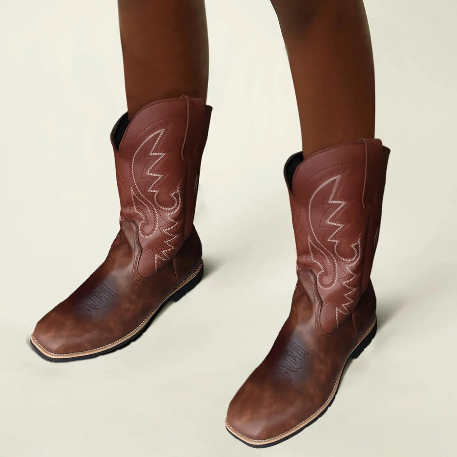 Cathalem Cowboy Boots for Women Mid Calf Cowgirl Boots Square Toe Chunky Heel Embroidery Stitched Western Boots