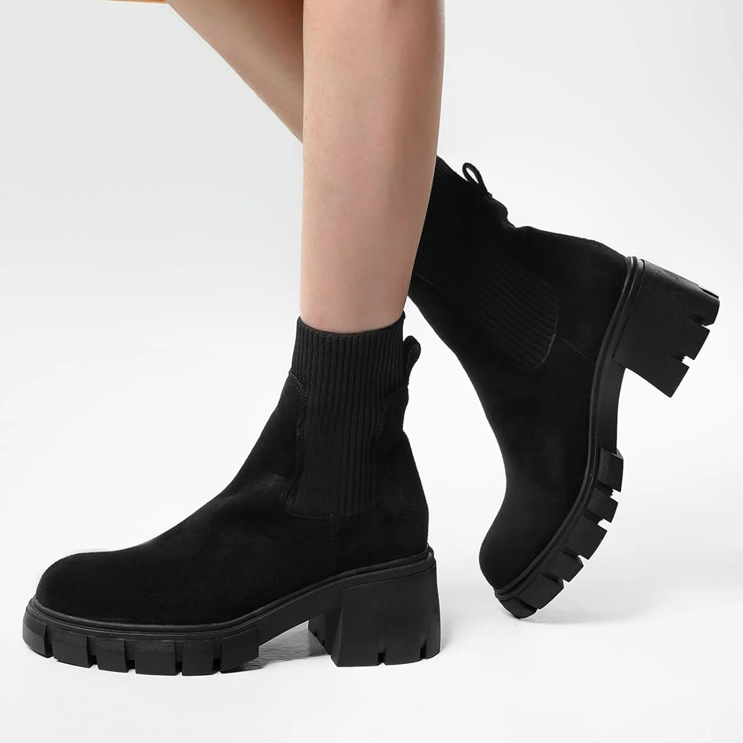 Cathalem Women's Ankle Boots 2024 New Chelsea Slip on Short Square-toe Booties Winter Fall Water Repellent Ankle Boots