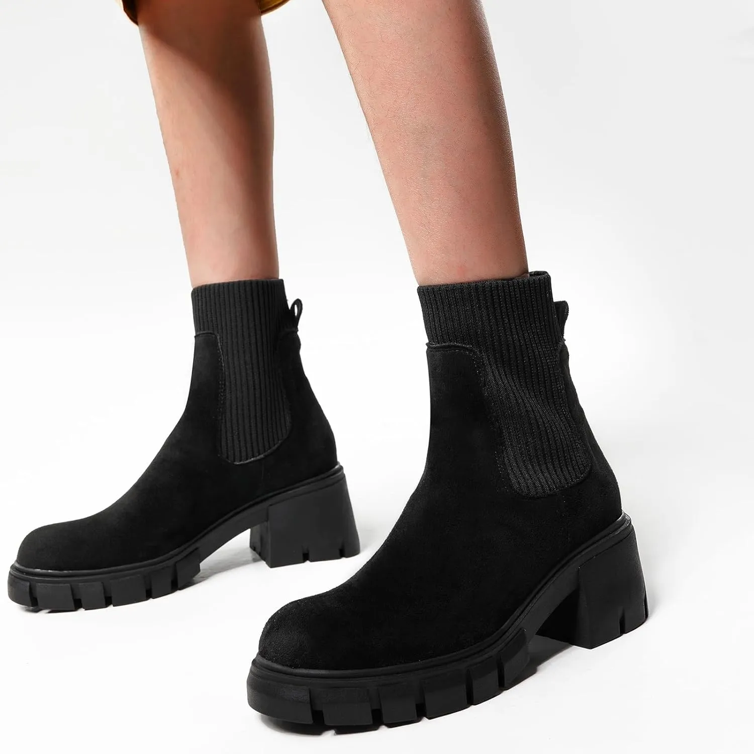 Cathalem Women's Ankle Boots 2024 New Chelsea Slip on Short Square-toe Booties Winter Fall Water Repellent Ankle Boots