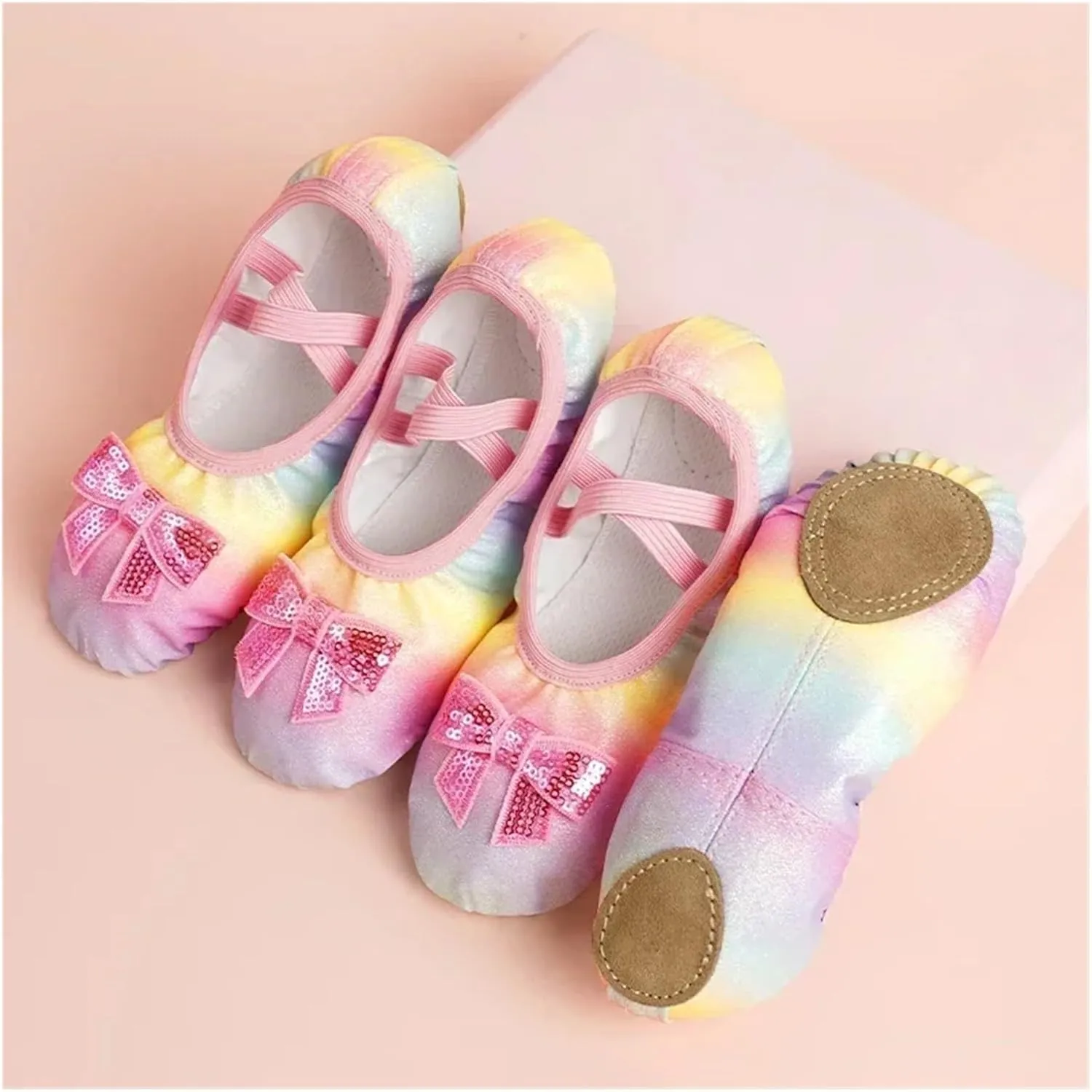 Children's Dance Shoes Girls Ballet Flats Shoes Rainbow Bow Sequins Leather Soft Soled Dance Performance Skate Sport Yoga Shoes(Yellow,34)