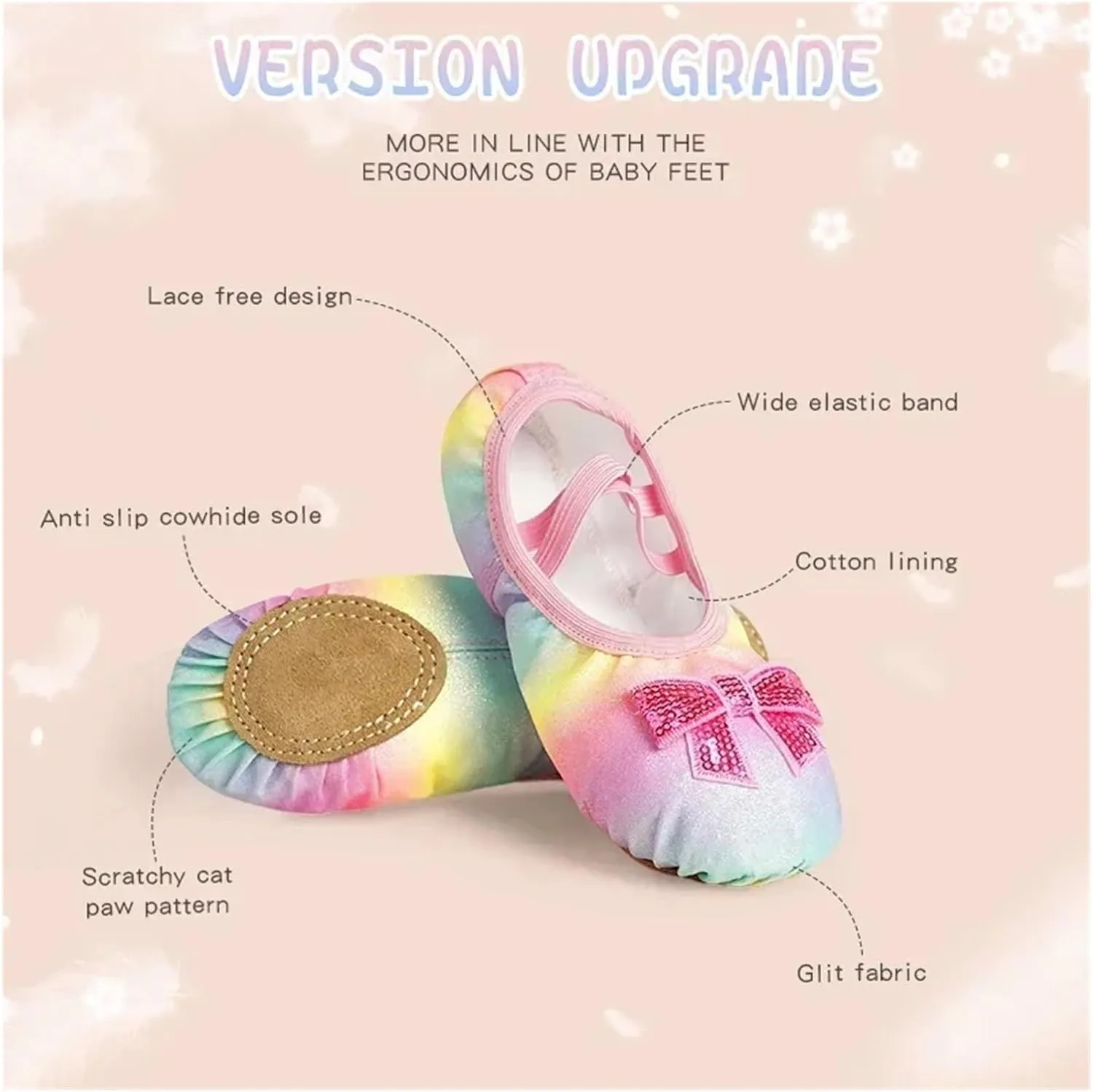 Children's Dance Shoes Girls Ballet Flats Shoes Rainbow Bow Sequins Leather Soft Soled Dance Performance Skate Sport Yoga Shoes(Yellow,34)