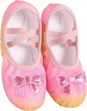 Children's Dance Shoes Girls Ballet Flats Shoes Rainbow Bow Sequins Leather Soft Soled Dance Performance Skate Sport Yoga Shoes(Yellow,34)