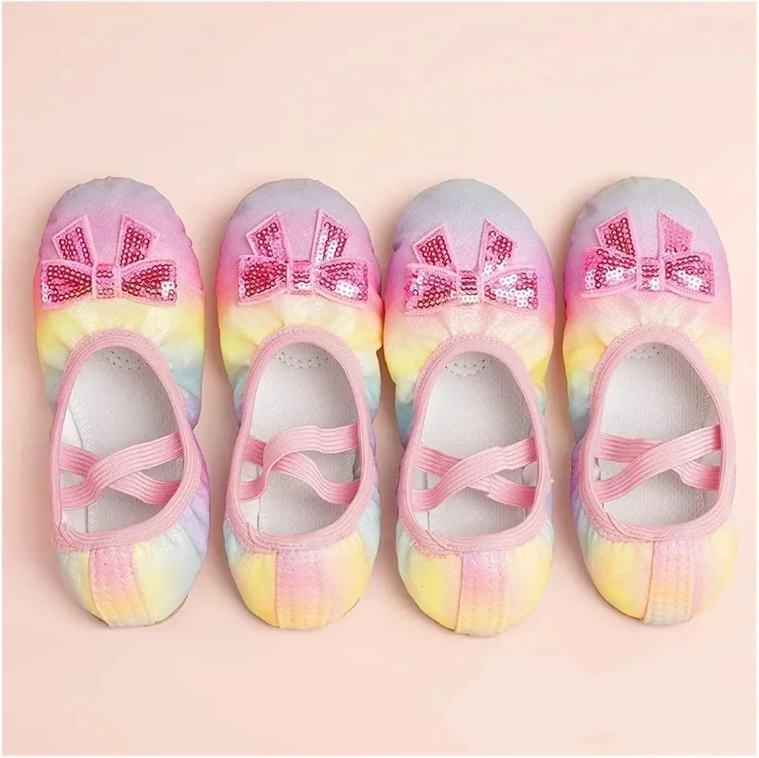 Children's Dance Shoes Girls Ballet Flats Shoes Rainbow Bow Sequins Leather Soft Soled Dance Performance Skate Sport Yoga Shoes(Yellow,34)