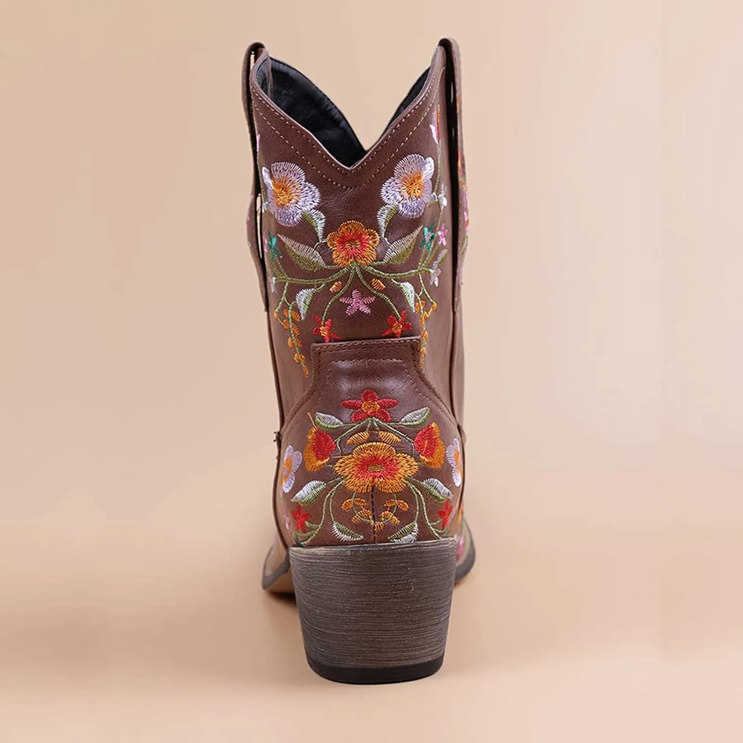 Cowboy Boots for Women Vintage Western Cowgirl Boots Chunky Heel Pull on Flower Embroidered Square Toe Short Boots