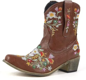 Cowboy Boots for Women Vintage Western Cowgirl Boots Chunky Heel Pull on Flower Embroidered Square Toe Short Boots