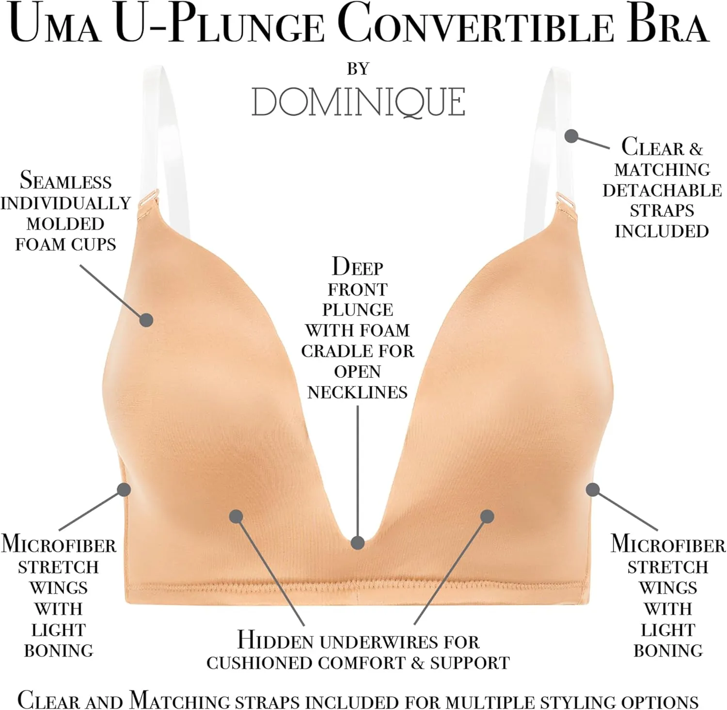 Dominique Women's Uma U Plunge Convertible Bra (32B-42DD/E) #4000