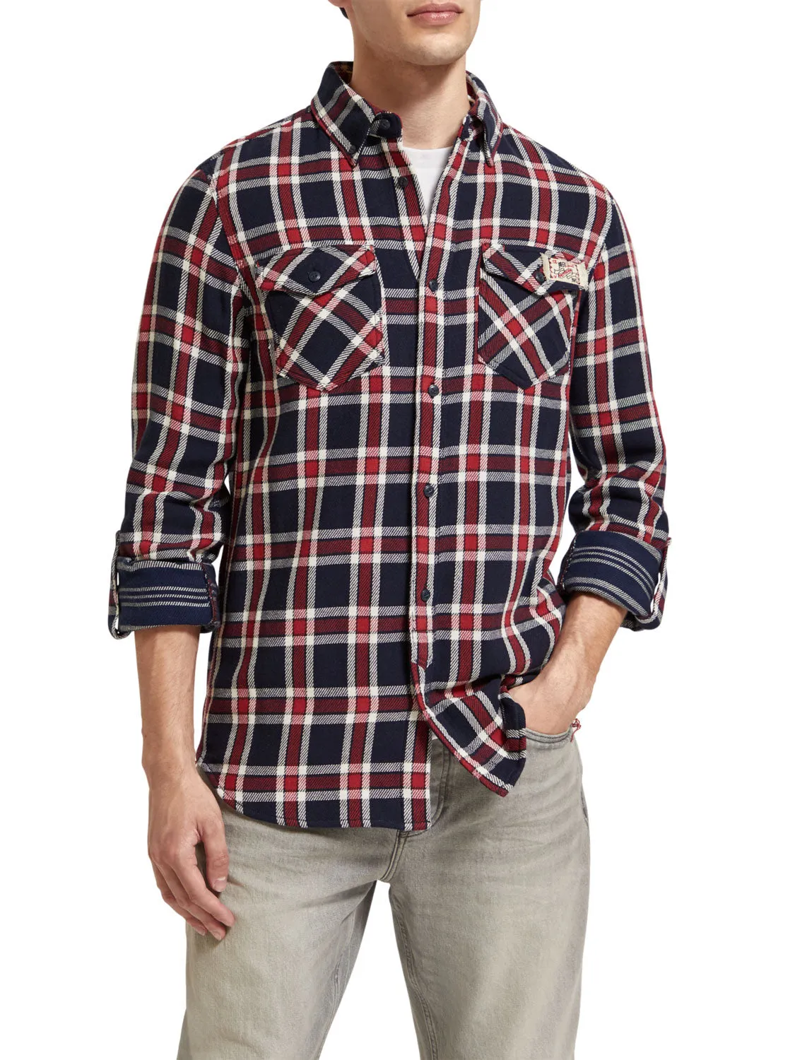 Double-Faced Twill Check Shirt in Red Blue Check