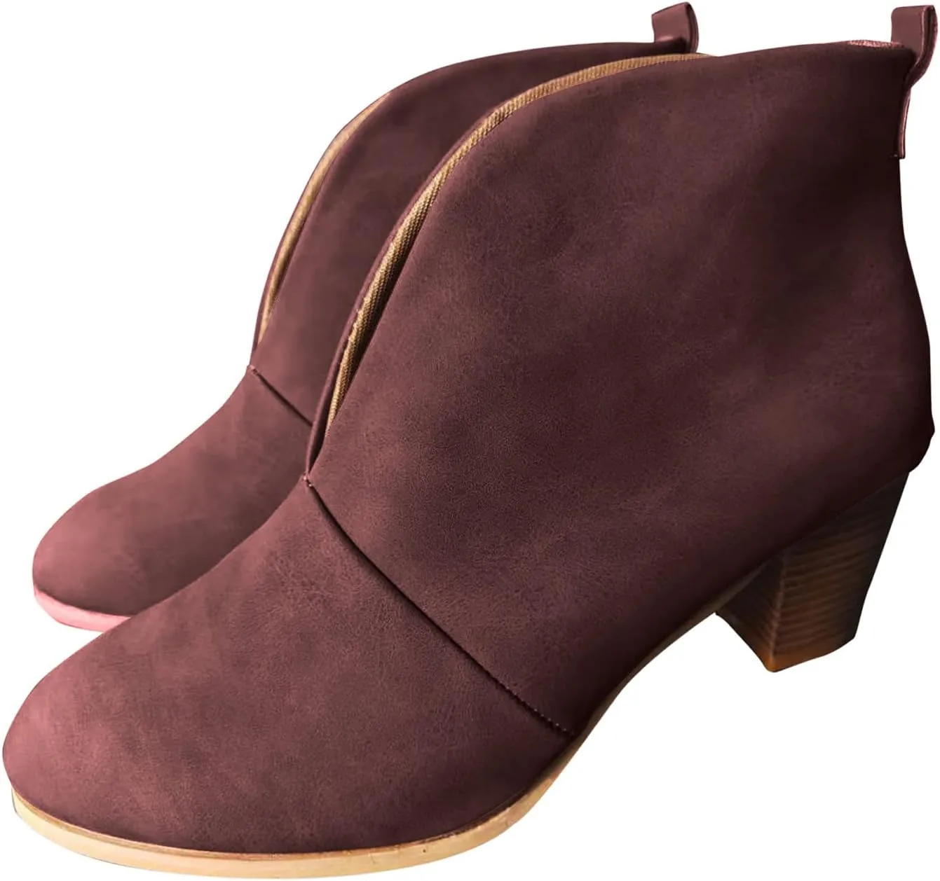 Dressy Ankle Boots for Women Stylish Almond Toe V Cut Pull On Booties Chunky Block Stacked Mid Heel Arch Support Short Boots for Women Daily Walking Winter Fall Fashion Party