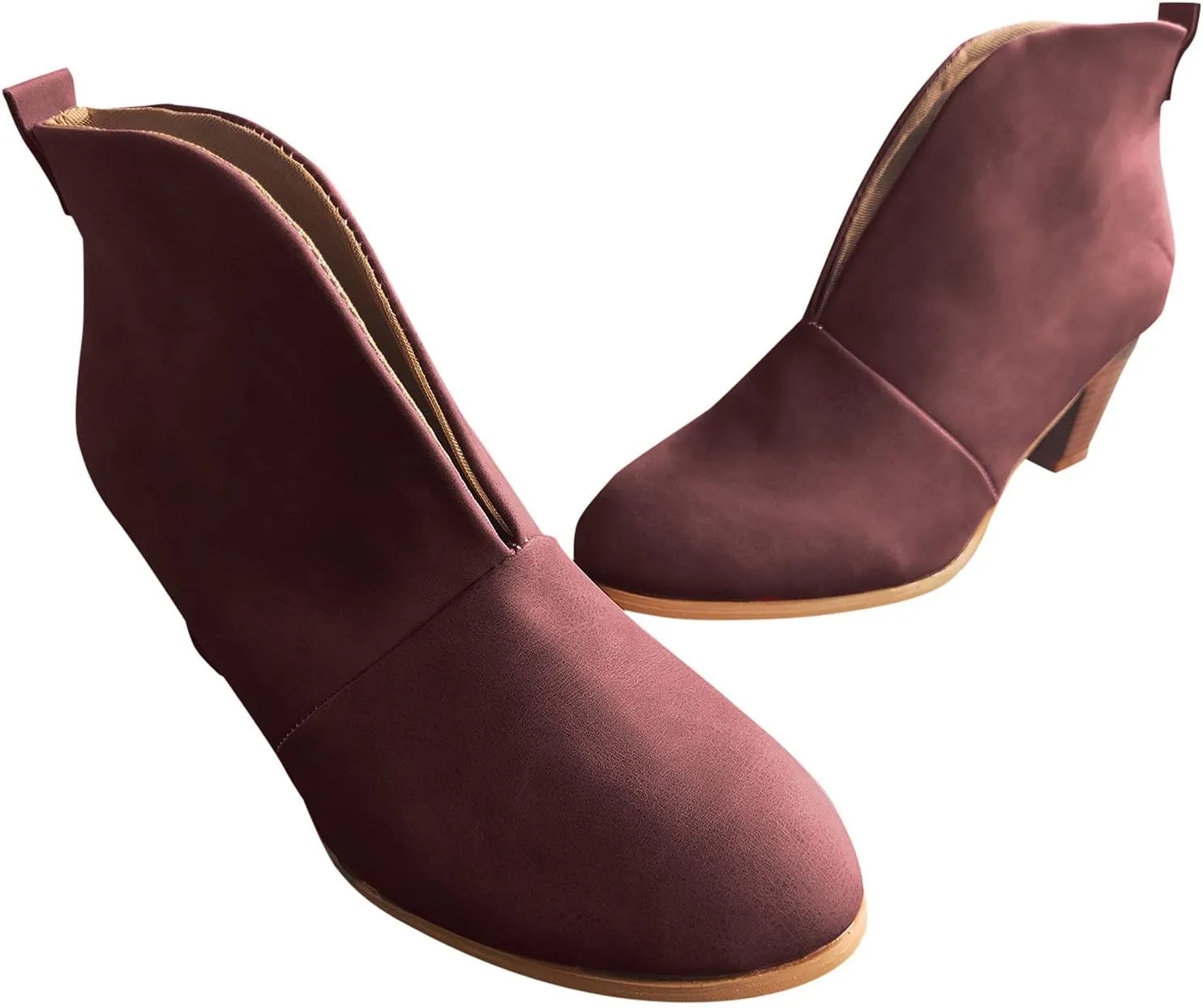 Dressy Ankle Boots for Women Stylish Almond Toe V Cut Pull On Booties Chunky Block Stacked Mid Heel Arch Support Short Boots for Women Daily Walking Winter Fall Fashion Party