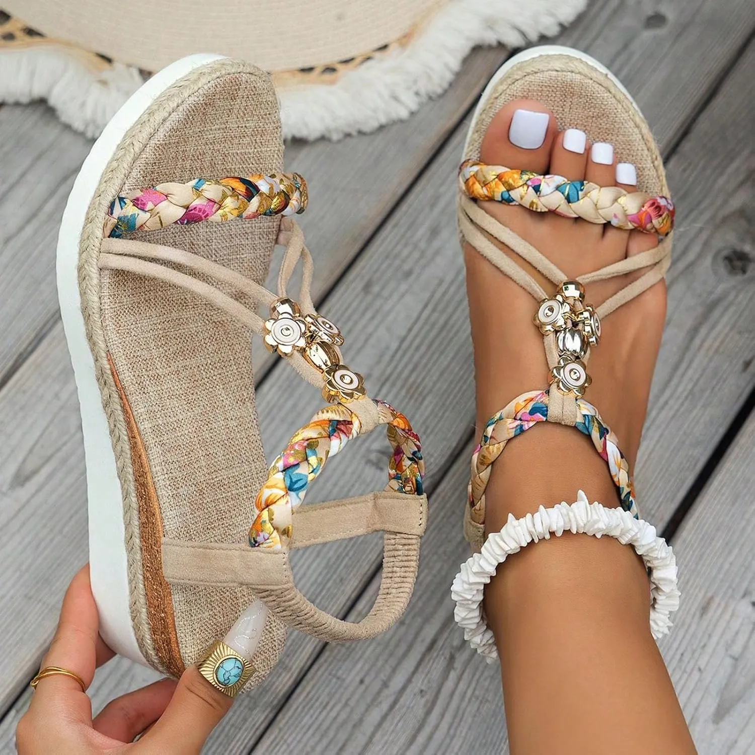 Eduavar Platform Sandals Women Elegant Dressy Bohemian Walking Shoes Open Toe Arch Support Summer Beach Comfort Sandals
