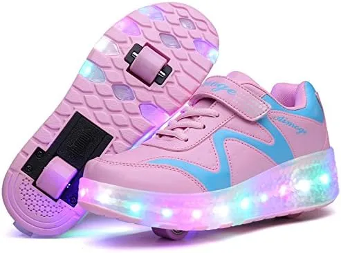 Ehauuo Kids Two Wheels Shoes with Lights Rechargeable Roller Skates Retractable Wheels LED Flashing Sneakers for Unisex Girls Boys Beginners Gift A-Pink ??US 11 Little Kid??