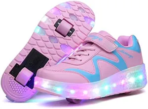 Ehauuo Kids Two Wheels Shoes with Lights Rechargeable Roller Skates Retractable Wheels LED Flashing Sneakers for Unisex Girls Boys Beginners Gift A-Pink ??US 11 Little Kid??