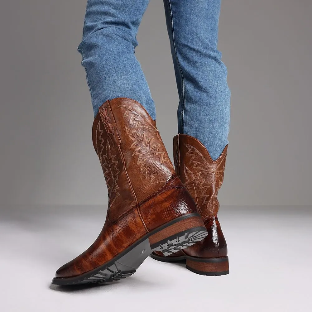 femflame Cowboy Boots for Men Square Toe Embroidered Mens Cowboy Boots Distressed Work boots Traditional Western Boots