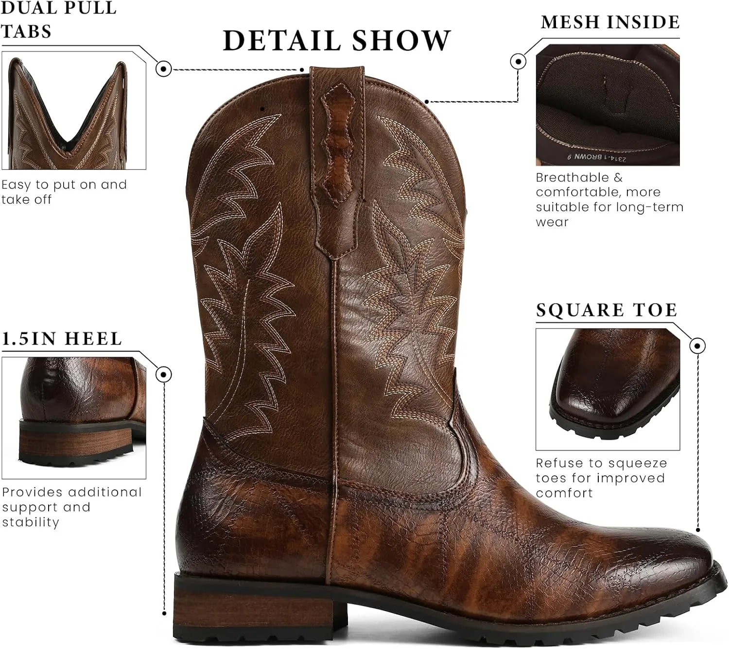 femflame Cowboy Boots for Men Square Toe Embroidered Mens Cowboy Boots Distressed Work boots Traditional Western Boots