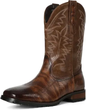 femflame Cowboy Boots for Men Square Toe Embroidered Mens Cowboy Boots Distressed Work boots Traditional Western Boots