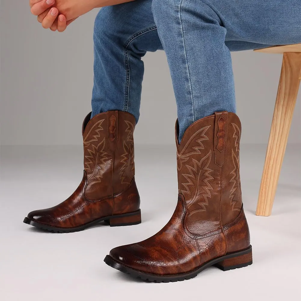 femflame Cowboy Boots for Men Square Toe Embroidered Mens Cowboy Boots Distressed Work boots Traditional Western Boots