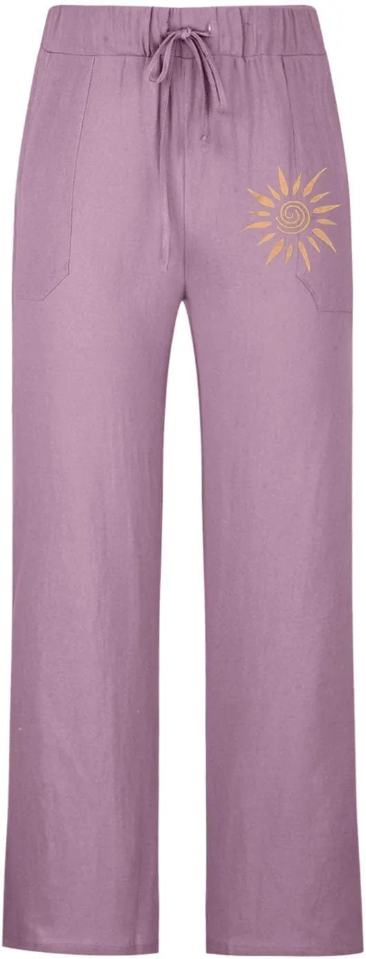 Finelylove Mens Cotton Linen Casual Pants Elastic Waist Graphic Lounge Pants Loose Fit Straight Trousers Big and Tall
