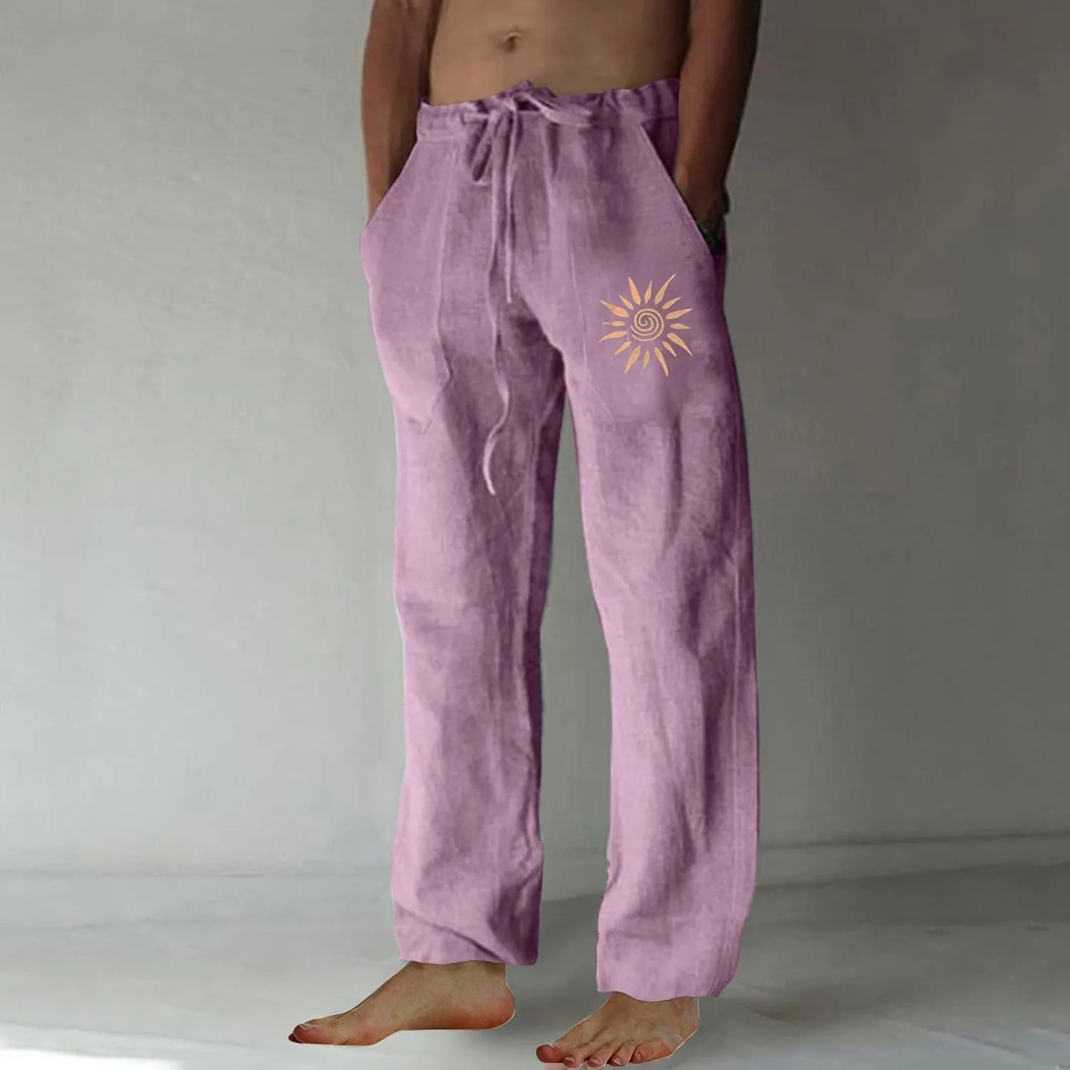 Finelylove Mens Cotton Linen Casual Pants Elastic Waist Graphic Lounge Pants Loose Fit Straight Trousers Big and Tall