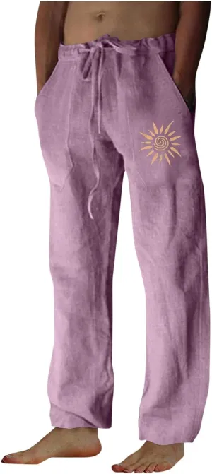Finelylove Mens Cotton Linen Casual Pants Elastic Waist Graphic Lounge Pants Loose Fit Straight Trousers Big and Tall