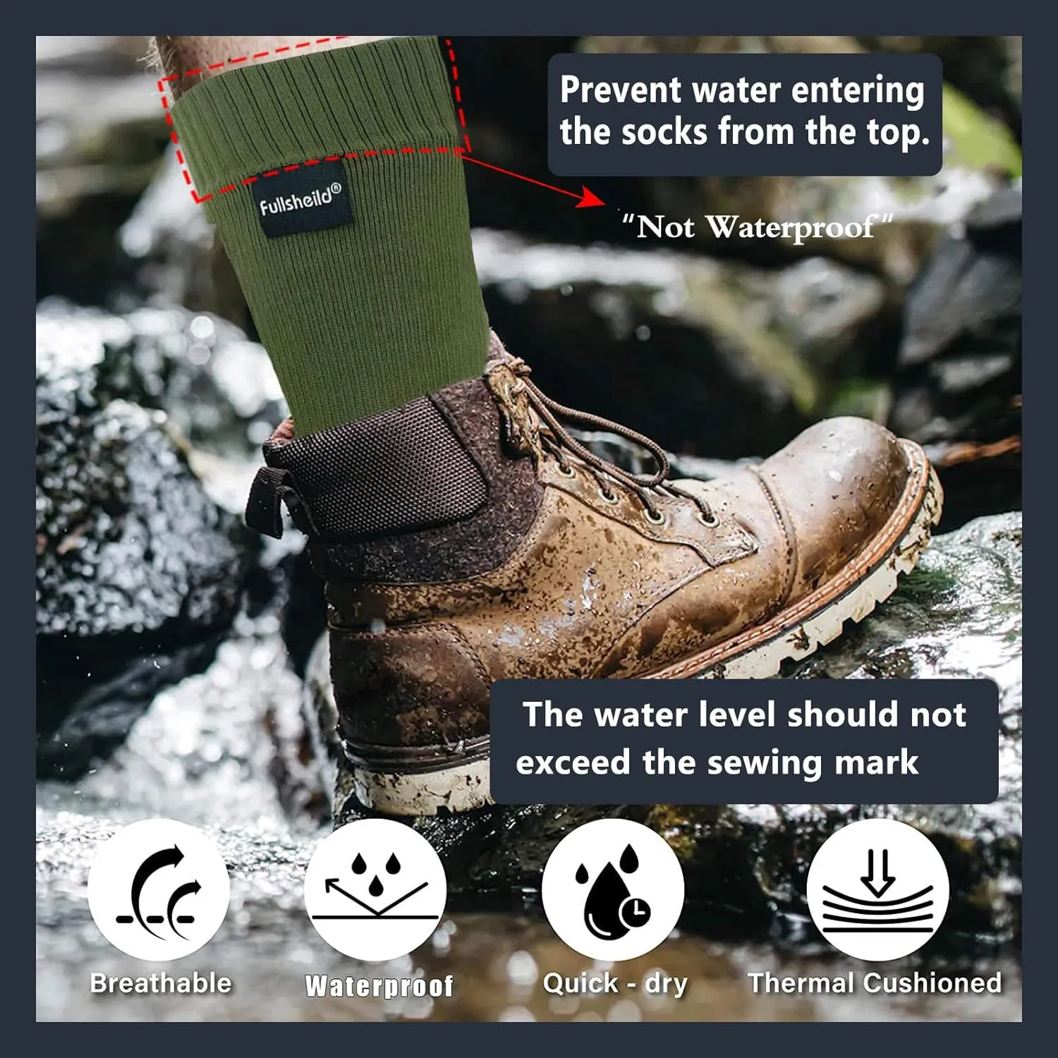 Fullsheild Mens Waterproof Hiking Socks, Unisex Breathable Outdoor Athletic Hiking Wading Trail Running Skiing Crew Socks