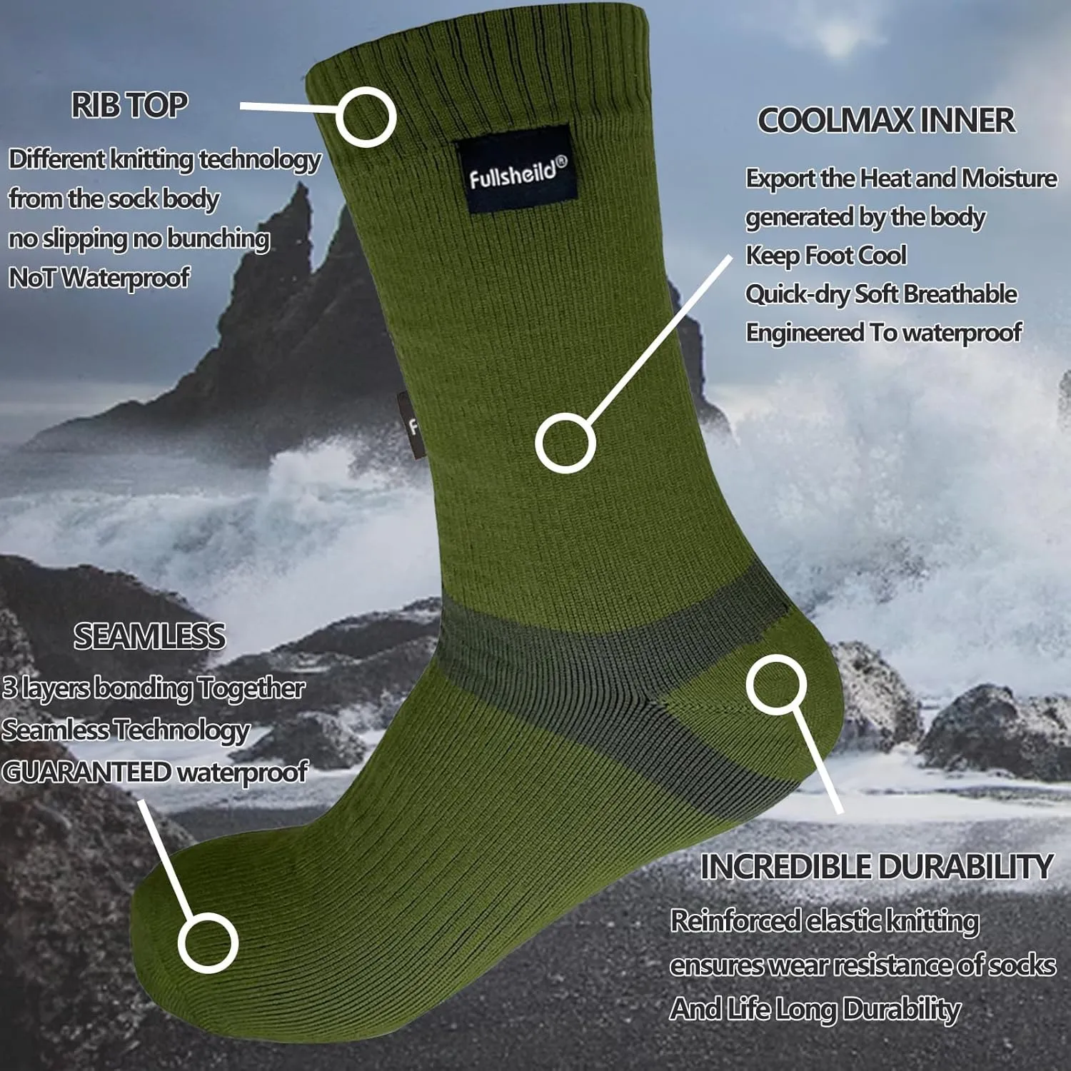 Fullsheild Mens Waterproof Hiking Socks, Unisex Breathable Outdoor Athletic Hiking Wading Trail Running Skiing Crew Socks