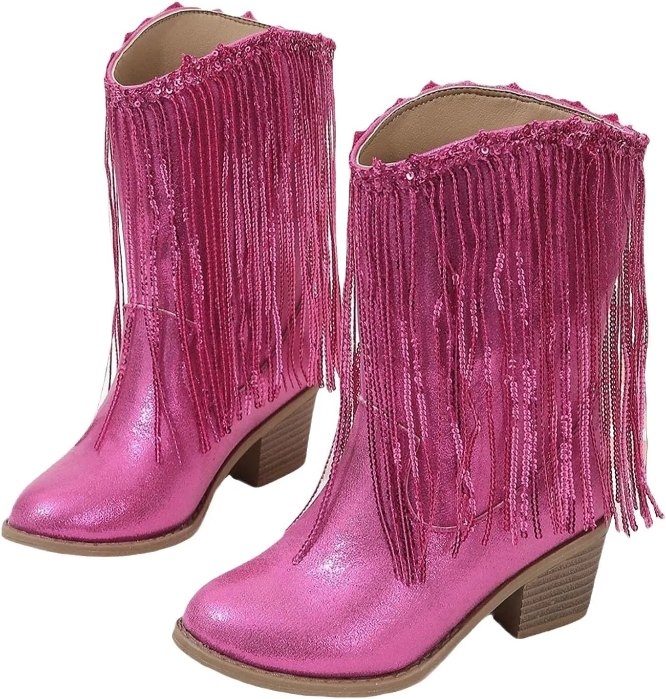 Girls Cowgirl Boots with Tassel Kids Sparkly Leather Western Cowboy Boots Mid Calf Sequins Riding Shoes Casual Boot