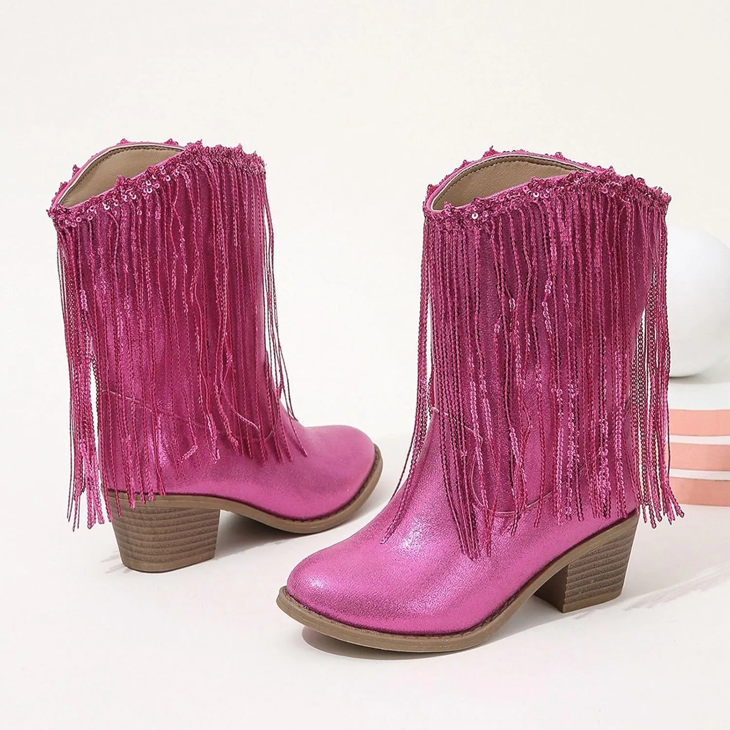 Girls Cowgirl Boots with Tassel Kids Sparkly Leather Western Cowboy Boots Mid Calf Sequins Riding Shoes Casual Boot
