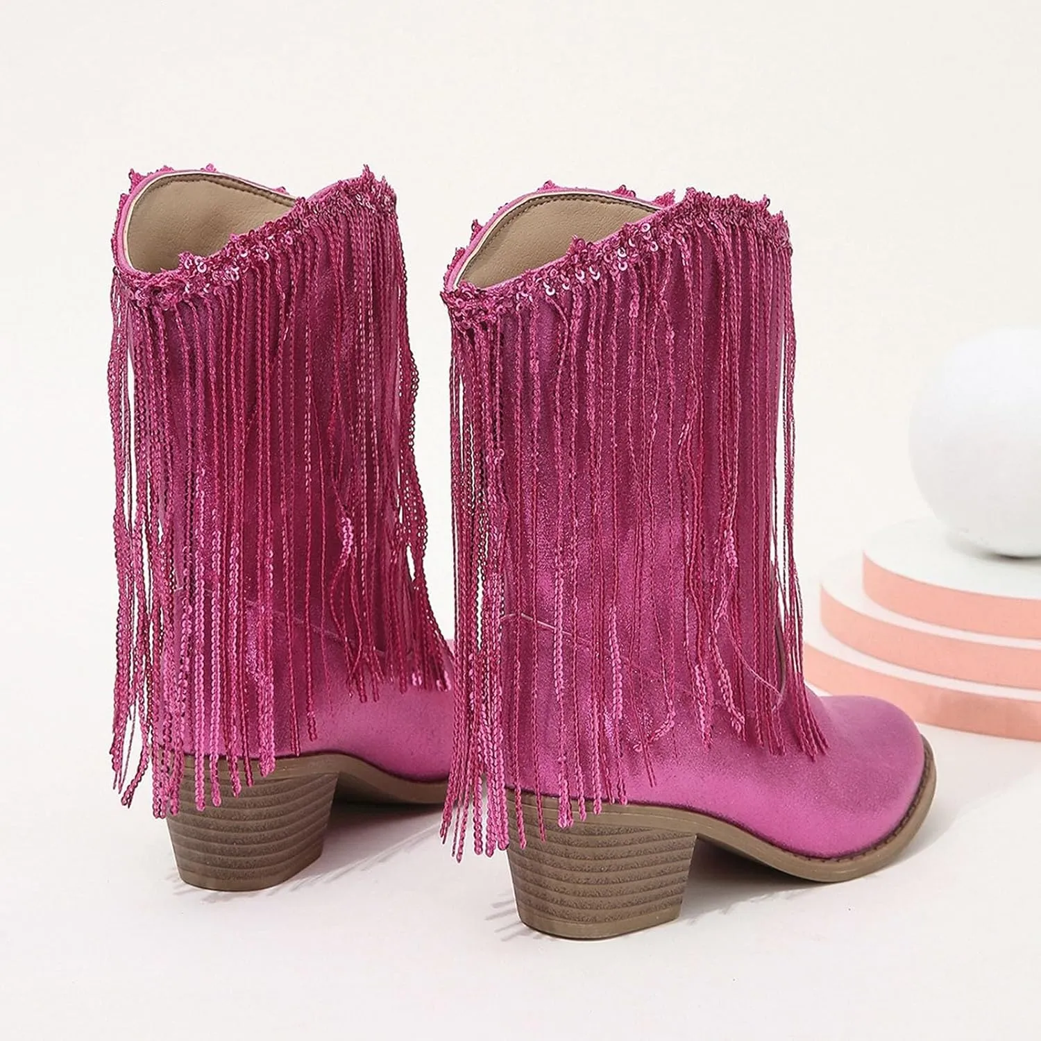 Girls Cowgirl Boots with Tassel Kids Sparkly Leather Western Cowboy Boots Mid Calf Sequins Riding Shoes Casual Boot