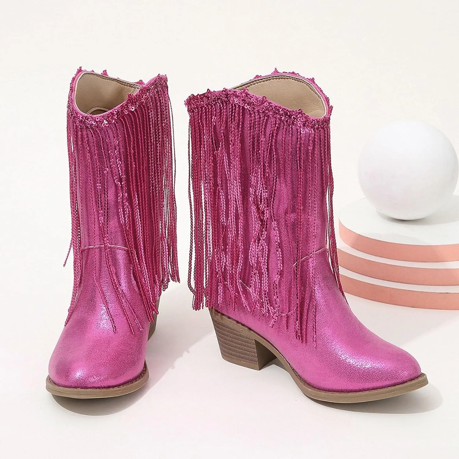 Girls Cowgirl Boots with Tassel Kids Sparkly Leather Western Cowboy Boots Mid Calf Sequins Riding Shoes Casual Boot