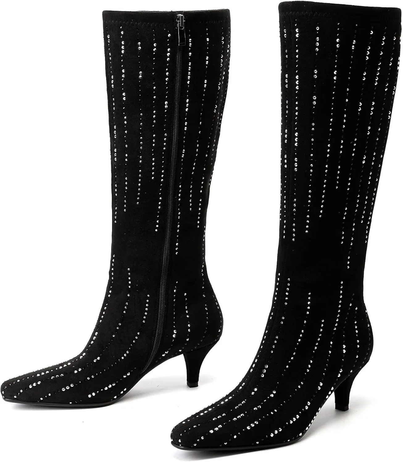 GOSERCE Black Rhinestone Knee High Boots for Women Suede Long High Heel Boot Pointed Toe Tall Stiletto Sparkly Boots Dress Girls Party Prom Shows Glitter Shoes