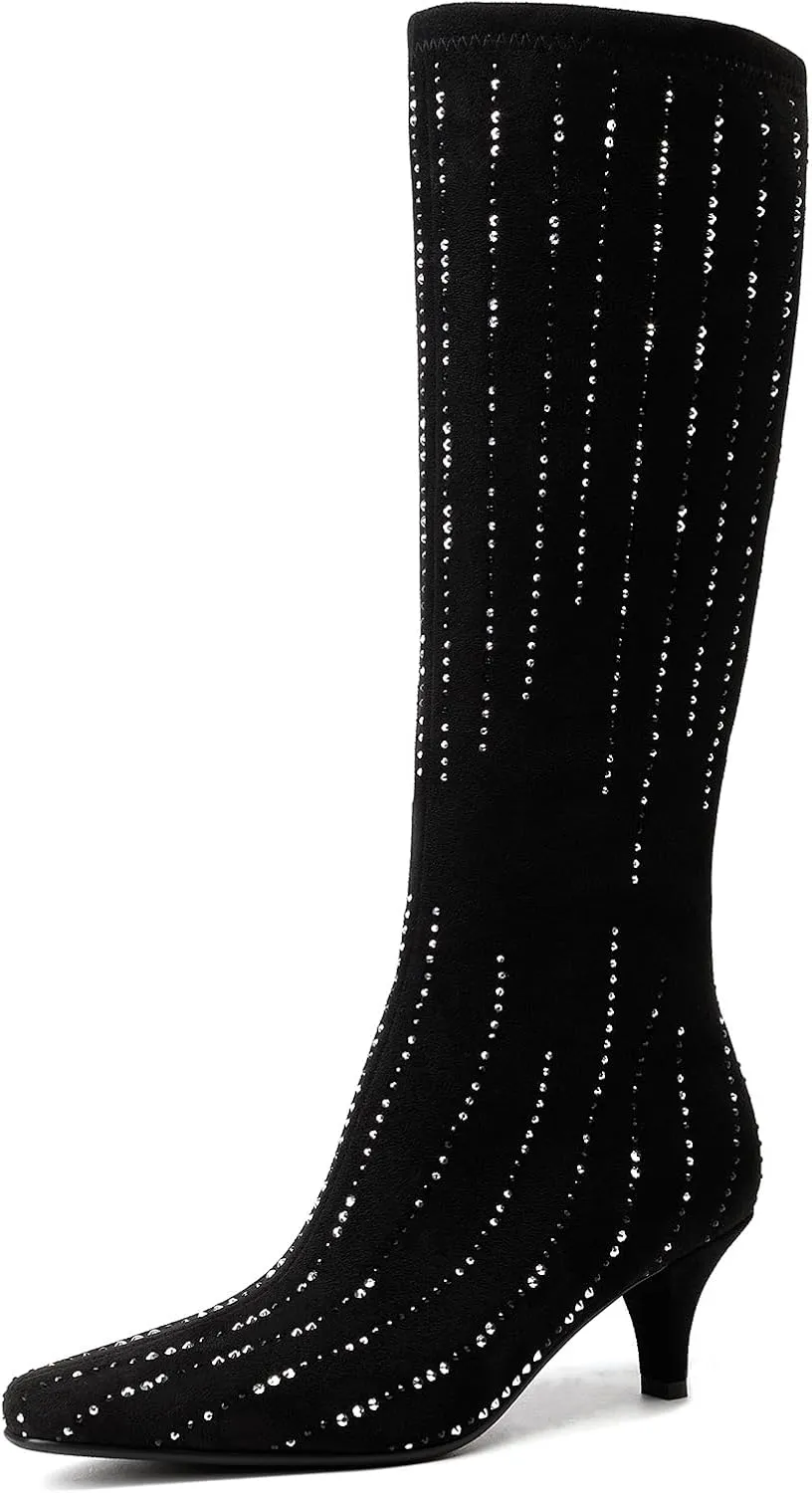GOSERCE Black Rhinestone Knee High Boots for Women Suede Long High Heel Boot Pointed Toe Tall Stiletto Sparkly Boots Dress Girls Party Prom Shows Glitter Shoes