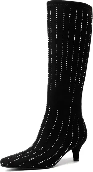 GOSERCE Black Rhinestone Knee High Boots for Women Suede Long High Heel Boot Pointed Toe Tall Stiletto Sparkly Boots Dress Girls Party Prom Shows Glitter Shoes