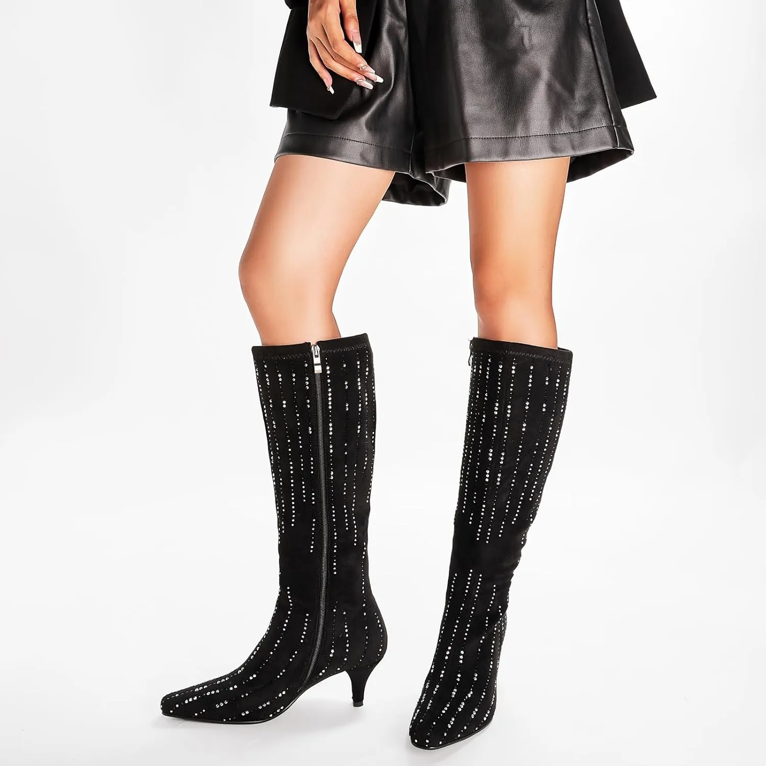 GOSERCE Black Rhinestone Knee High Boots for Women Suede Long High Heel Boot Pointed Toe Tall Stiletto Sparkly Boots Dress Girls Party Prom Shows Glitter Shoes