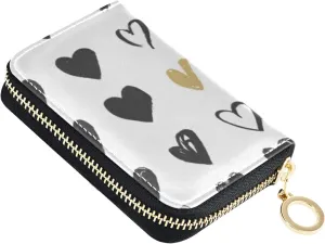 Heart Icon Set Seamless Black Gold Hearts Valentine's Day Wedding Grey Credit Card Coin wallet, RFID Blocking Compact Women Leather Card Holder, Key Change Organizer, Zipper Purse Clutch Pouch
