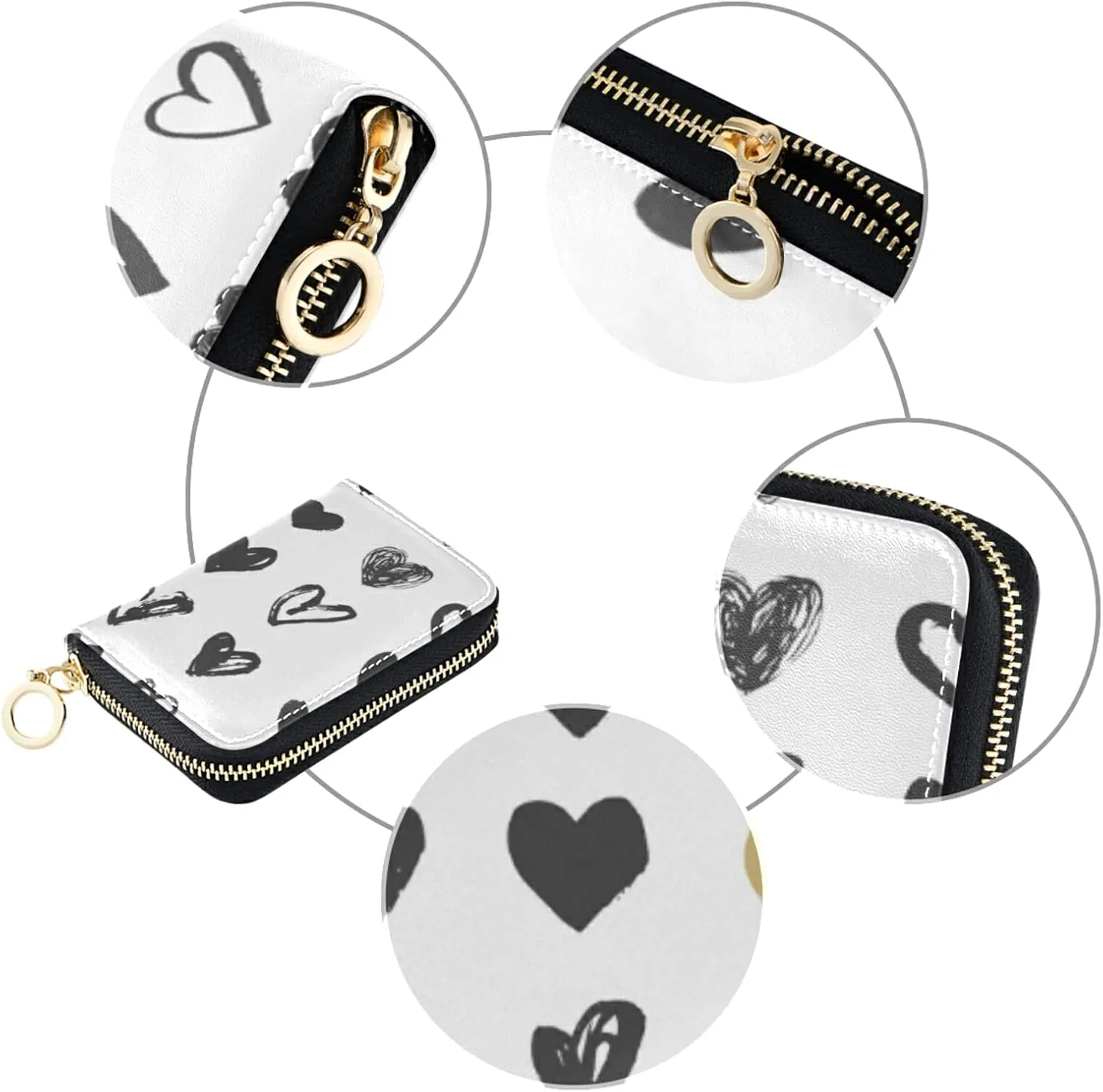 Heart Icon Set Seamless Black Gold Hearts Valentine's Day Wedding Grey Credit Card Coin wallet, RFID Blocking Compact Women Leather Card Holder, Key Change Organizer, Zipper Purse Clutch Pouch
