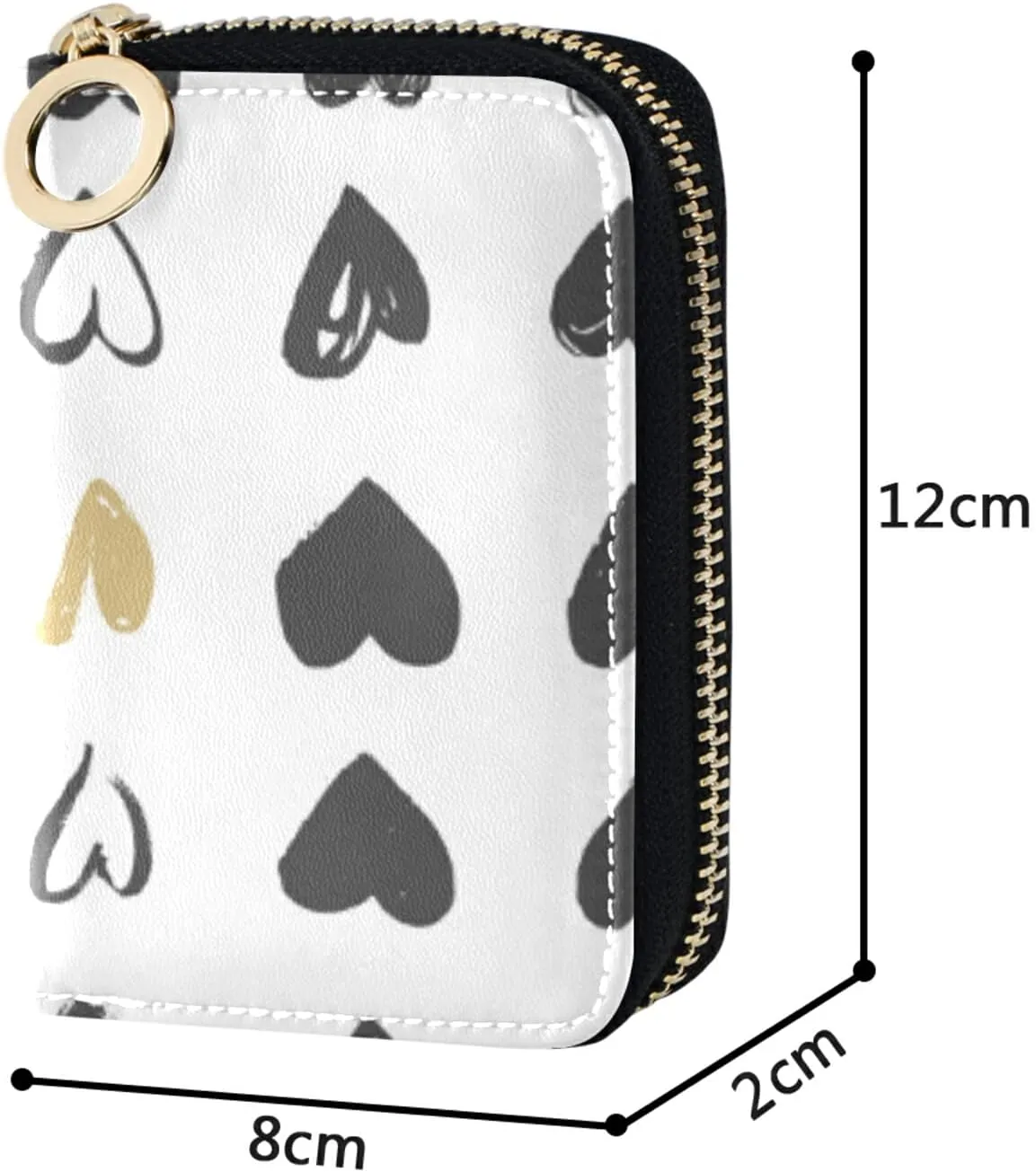 Heart Icon Set Seamless Black Gold Hearts Valentine's Day Wedding Grey Credit Card Coin wallet, RFID Blocking Compact Women Leather Card Holder, Key Change Organizer, Zipper Purse Clutch Pouch