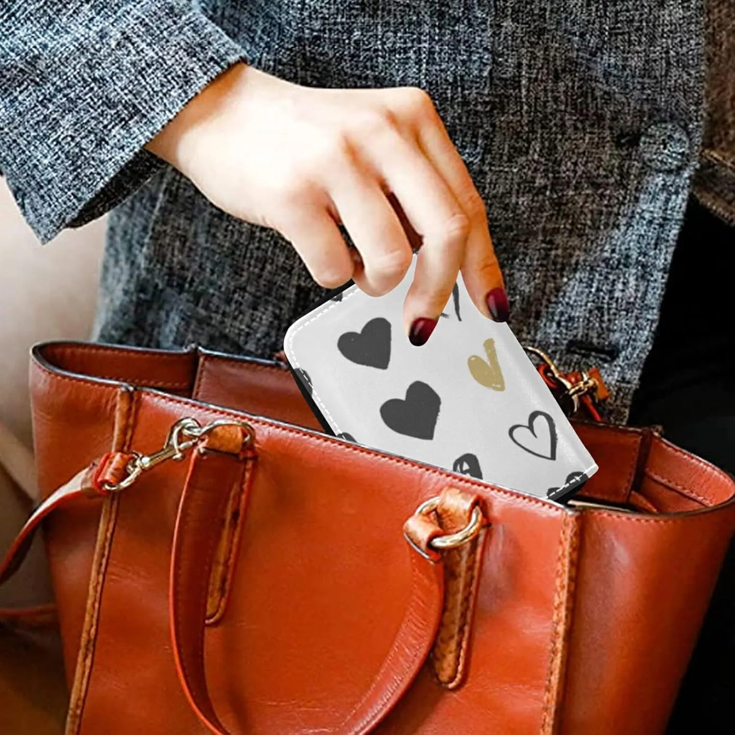 Heart Icon Set Seamless Black Gold Hearts Valentine's Day Wedding Grey Credit Card Coin wallet, RFID Blocking Compact Women Leather Card Holder, Key Change Organizer, Zipper Purse Clutch Pouch