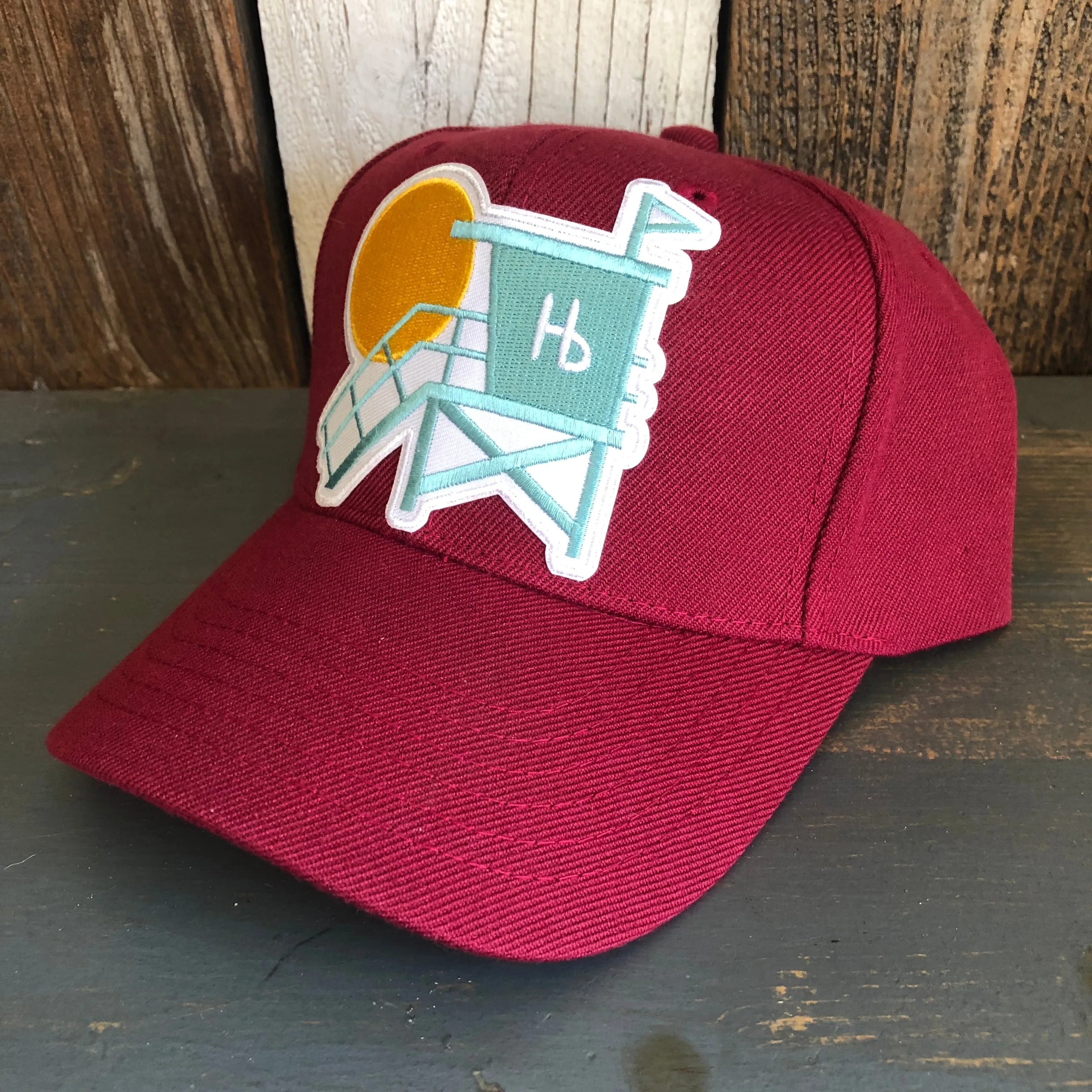 Hermosa Beach LIFEGUARD TOWER 6 Panel Mid Profile Baseball Cap - Maroon