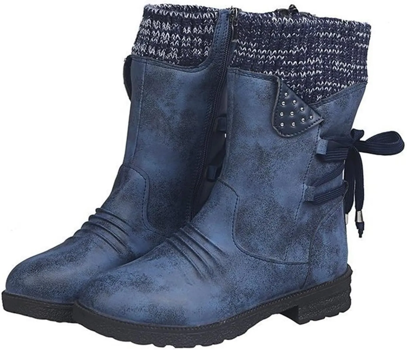HINDOLA Women's Winter Mid-Calf Boots Anti-Slip Waterproof Outdoor Shoes Side Zipper Leather Knight Boots Fashion Lace Up Snow Booties for Women