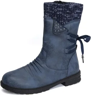 HINDOLA Women's Winter Mid-Calf Boots Anti-Slip Waterproof Outdoor Shoes Side Zipper Leather Knight Boots Fashion Lace Up Snow Booties for Women