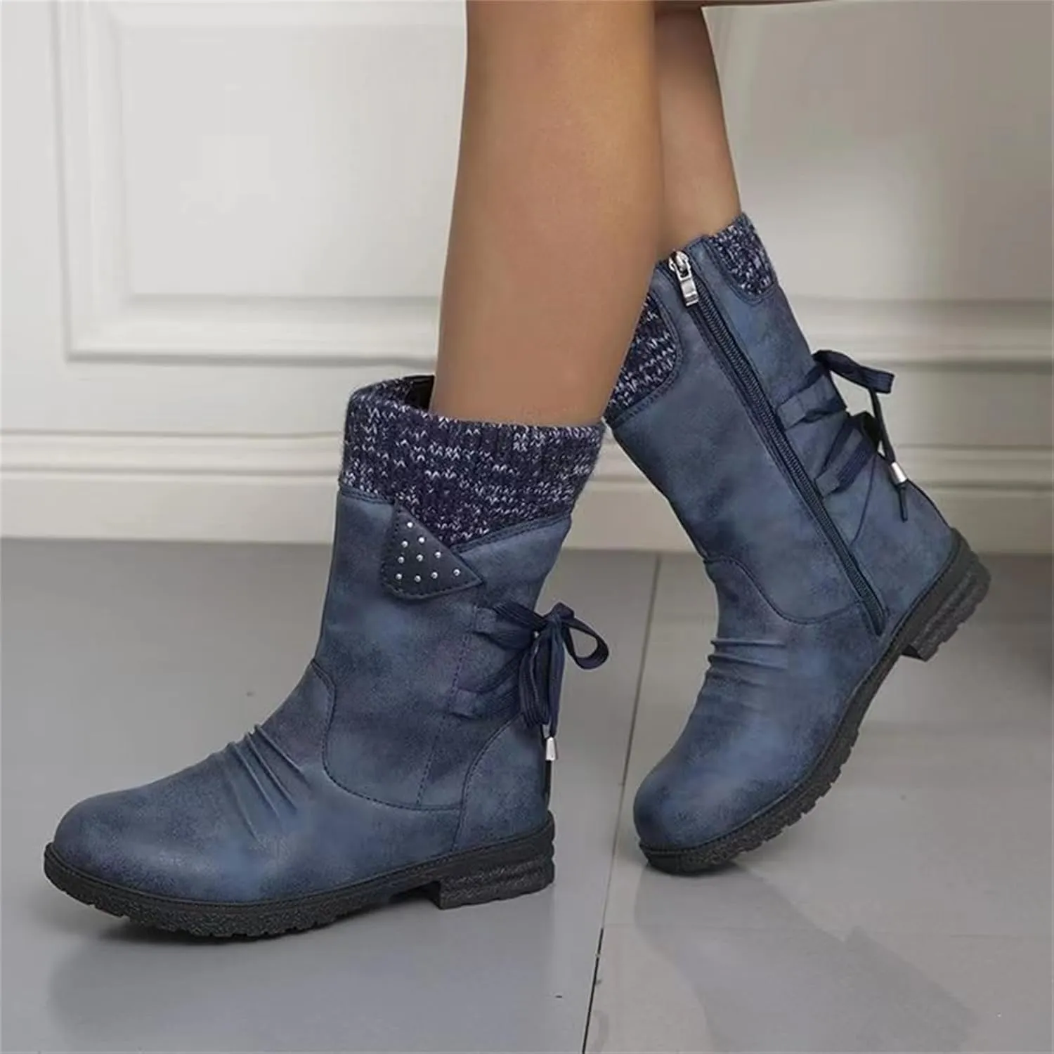 HINDOLA Women's Winter Mid-Calf Boots Anti-Slip Waterproof Outdoor Shoes Side Zipper Leather Knight Boots Fashion Lace Up Snow Booties for Women