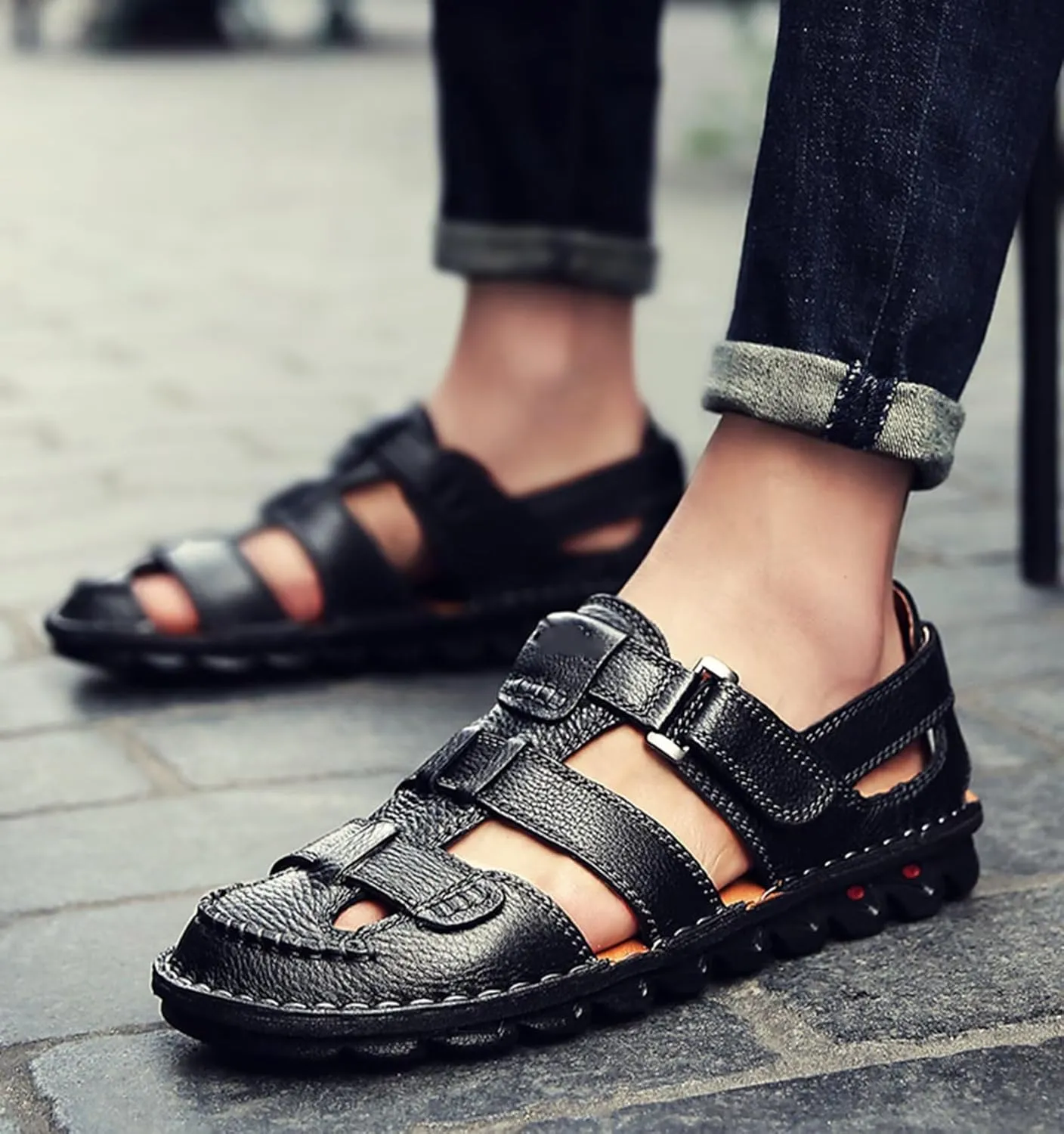 HNVAVQ Men's Sport Sandals Closed Toe Breathable Summer Fisherman Beach Shoes Leather Sandals