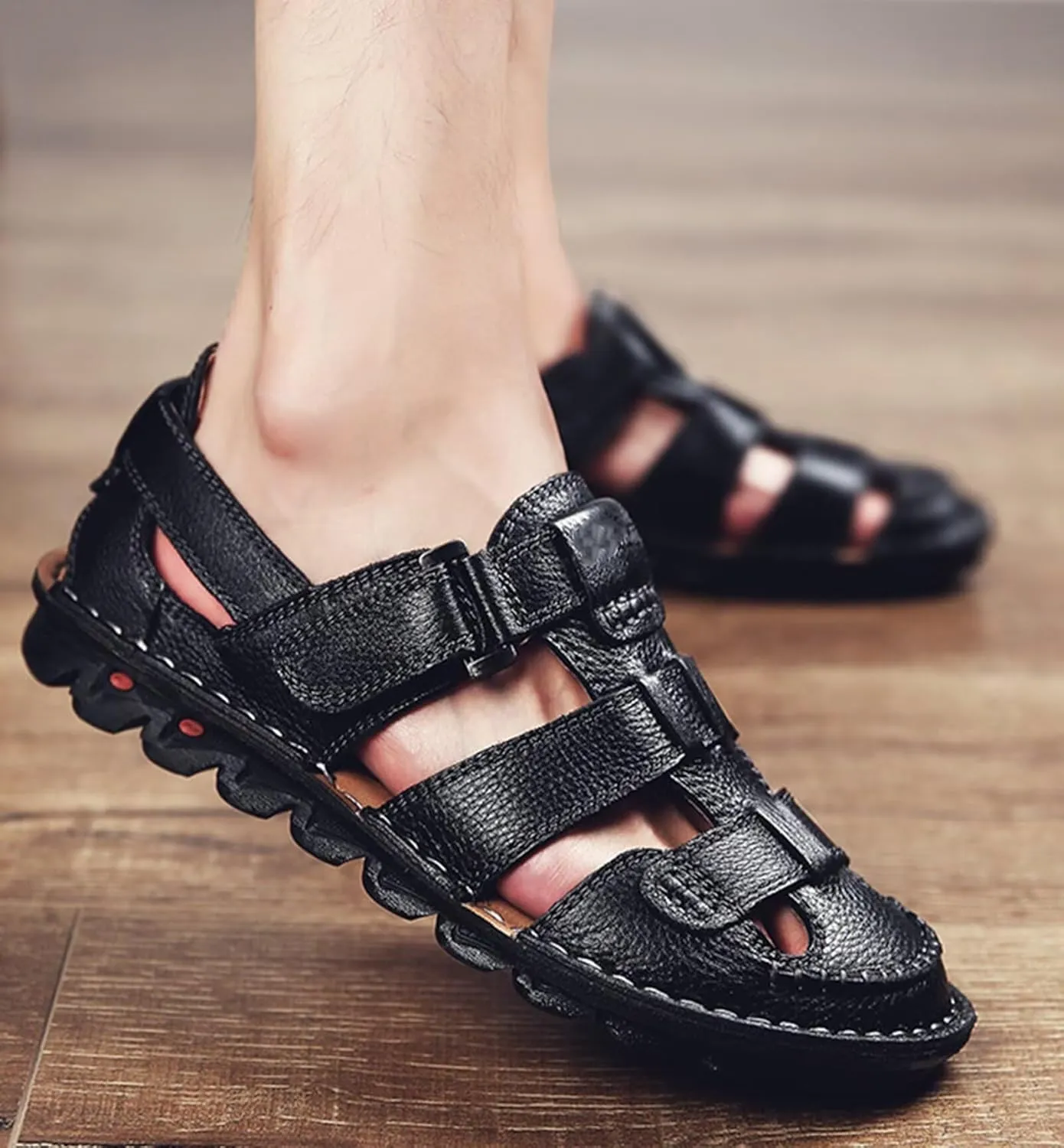 HNVAVQ Men's Sport Sandals Closed Toe Breathable Summer Fisherman Beach Shoes Leather Sandals