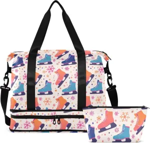 Ice Skates Gym Bag for Women & Men,Duffel Bag with Shoe Pocket,Weekender Overnight Bag with Trolley Sleeve for Girls Travel 21220345