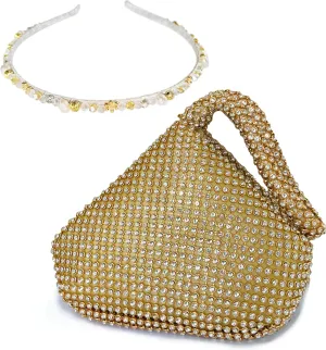 KAITAK Women's Rhinestone Clutch Evening Bag, Mini Size Triangle Purse with Rhinestone Pearl Headband for Party Prom - Gold