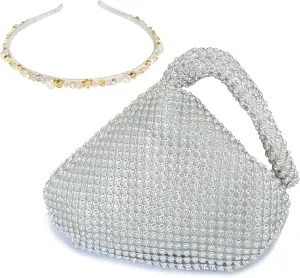 KAITAK Women's Rhinestone Clutch Evening Bag, Mini Size Triangle Purse with Rhinestone Pearl Headband for Party Prom - Silver
