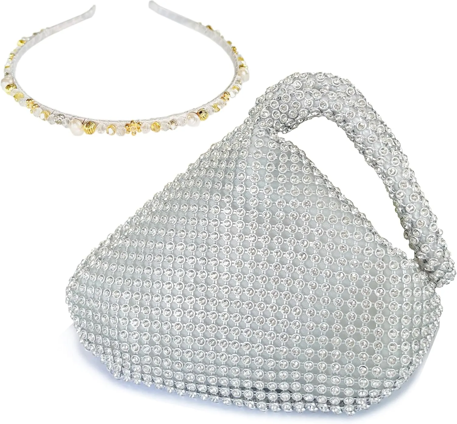 KAITAK Women's Rhinestone Clutch Evening Bag, Mini Size Triangle Purse with Rhinestone Pearl Headband for Party Prom - Silver